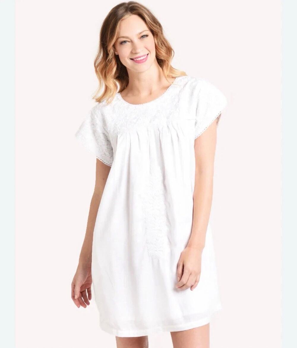 J.Marie Bonita White Embroidered Dress Pockets XS Bridal Shower Wedding Game Day